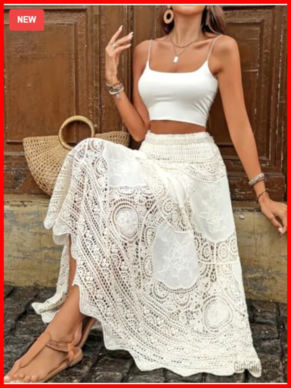 Women's Floral Embroidered Knit Maxi Skirt, Elastic Waist Flared A-Line Long - Picture 5 of 6